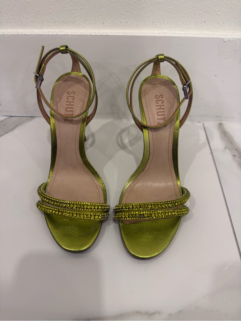 SCHUTZ Neon Green Embellished Ankle-Strap Heels